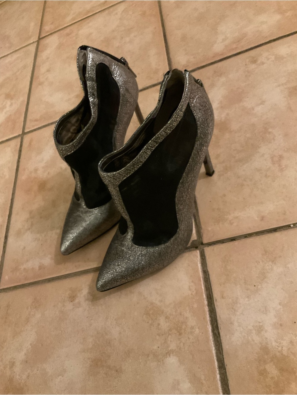 Sam Edelman Silver Glitter Pointed Toe Stiletto Booties with Black Mesh Insets